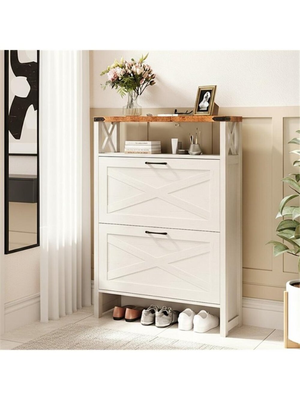 Modern Slim Shoe Cabinet with 2 Flip Drawers Hidden Entryway Storage Bench